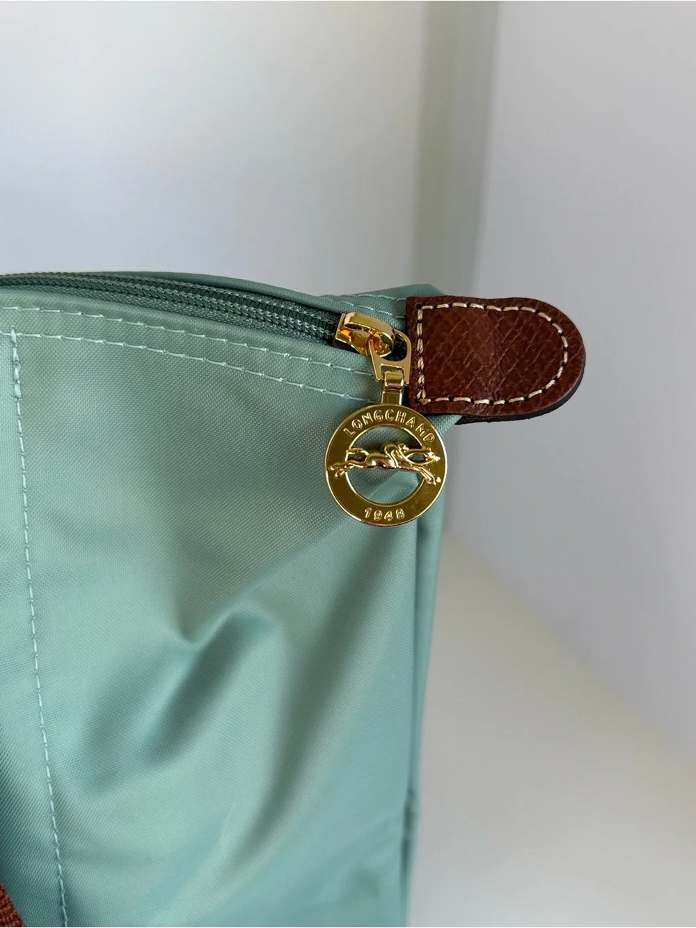 Longchamp Pliage Light Green Nylon Backpack with Brown Trim - Picture 4 of 6